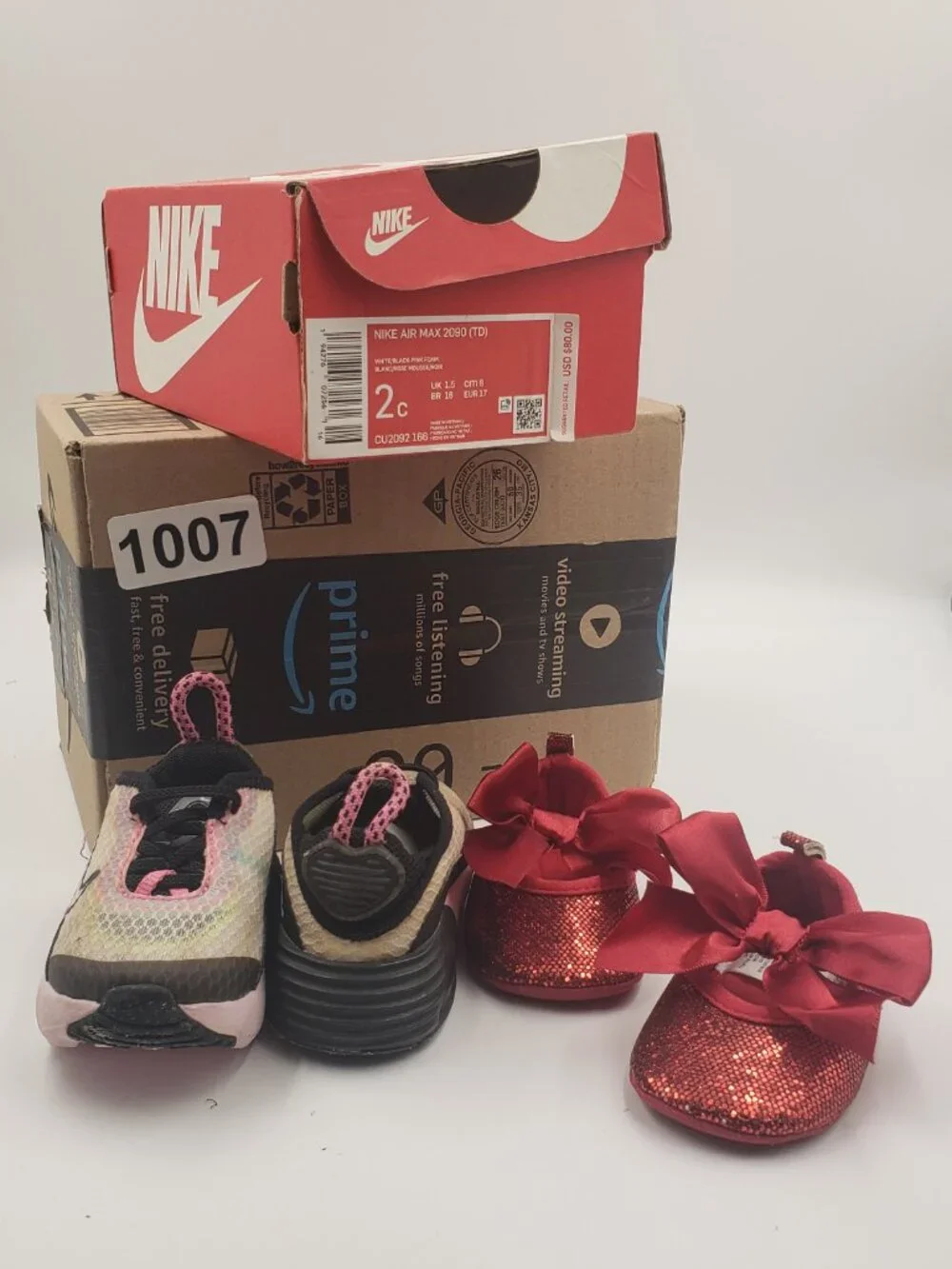 Nike Air Max 2090 (TD) Size 2C, White/Black-Pink Foam Plus Red Sequined Bow Shoe